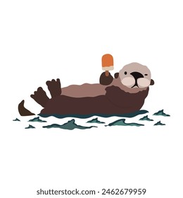 Cute cartoon sea otter. Vector illustration of wildlife animal. Sea ​​otter on a white background lies in the water with goodies. An otter with a sailor hat