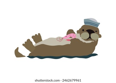 Cute cartoon sea otter. Vector illustration of wildlife animal. Sea ​​otter on a white background lies in the water with goodies. An otter with a sailor hat