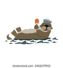 Cute cartoon sea otter. Vector illustration of wildlife animal. Sea ​​otter on a white background lies in the water with goodies. An otter with a sailor hat