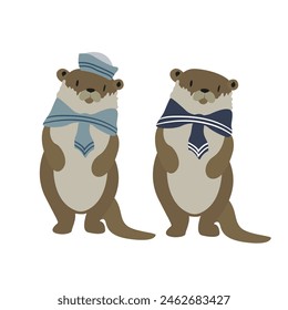 Cute cartoon sea otter. Vector illustration of wildlife sea animal. Sea ​​otter on a white background. Cute otter in a sailor suit. Drawn animal for a children's book