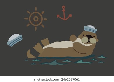 Cute cartoon sea otter. Vector illustration of wildlife sea animal. Sea ​​otter on a black background. An otter in a sailor's cap with nautical symbols