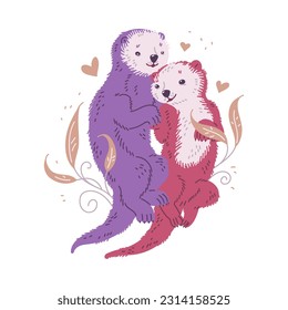 Cute cartoon sea otters family in pink, lilac colors. Pair of sea otters are swiming and hugging lovingly against the background of beige plants, floral drawings and hearts. Vector illustration