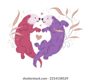 Cute cartoon sea otters family in pink, lilac colors. Mother and father sea otters are lovely swiming against the background of beige plants, floral drawings and hearts. Vector illustration