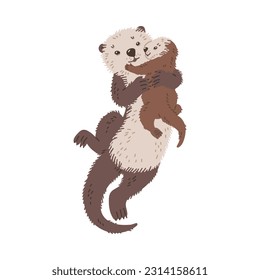 Cute cartoon sea otters family, mother and child are lovely hugging. Vector illustration of wildlife animals, marine mammals isolated on white background. Color hand drawn design style