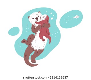 Cute cartoon sea otters family, mother and child are lovely hugging in blue water. Vector illustration of wildlife animals, marine mammals isolated on white background.