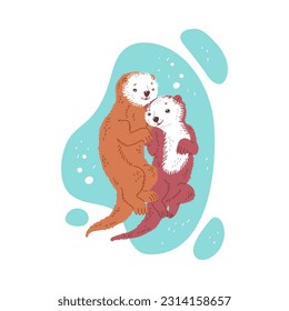 Cute cartoon sea otters lovely family. Mother and father sea are otters swiming and hugging lovingly in the river and smiles. Vector illustration of marine mammals isolated on white background.