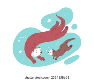 Cute cartoon sea otters lovely family, mother or father and child happily swim in blue water. Vector illustration of wildlife animals, marine mammals isolated on white background.