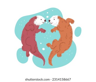 Cute cartoon sea otters lovely family. Mother and father sea otters lovely swim in the river and smile. Vector illustration of color hand drawn style of wildlife animals, marine mammals