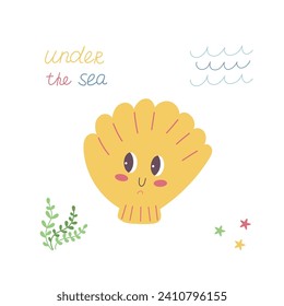 Cute cartoon sea shell isolated vector illustration. Sea life element. Marine animals in flat style on white background. 