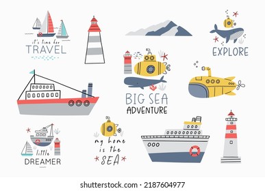 Cute cartoon sea ship, boat, yacht, submarine - vector print for children. Scandinavian baby texture for fabric, textile, wallpaper, kids bedroom design. Nordic Boho kids print