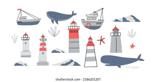 Cute cartoon sea ship, Lighthouse, whale - vector print for children. Scandinavian baby texture for fabric, textile, wallpaper, kids bedroom design. Nordic Boho kids print