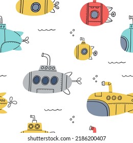 Cute cartoon sea ship submarine - vector print for children. Scandinavian baby texture for fabric, textile, wallpaper, kids bedroom design. Nordic Boho kids seamless pattern