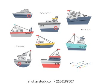 Cute cartoon sea ship - vector print for children. Scandinavian baby texture for fabric, textile, wallpaper, kids bedroom design. Nordic Boho kids print