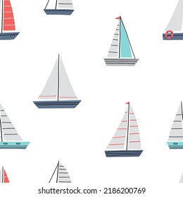 Cute cartoon sea ship, yacht - vector print for children. Scandinavian baby texture for fabric, textile, wallpaper, kids bedroom design. Nordic Boho kids seamless pattern