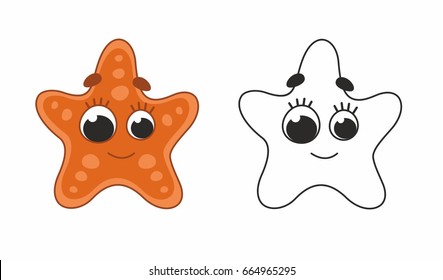 Cute cartoon sea star. Funny sea star. Vector illustration for kids. Vector illustration with black outline