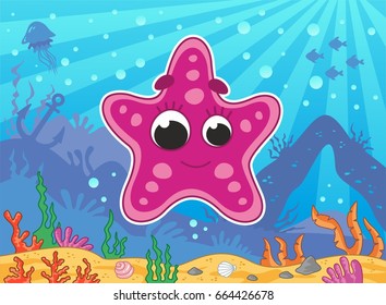 Cute cartoon sea star on the sea background. Funny sea star. Vector illustration for kids