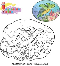 Cute cartoon sea turtle, coloring book, funny illustration
