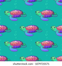 Cute cartoon sea Turtle. Handdrawn Turtles on aquamarine background. Vector seamless pattern. 