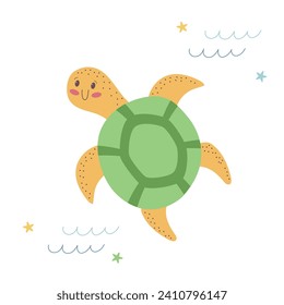 Cute cartoon sea turtle isolated vector illustration. Sea life element. Marine animals in flat style on white background. 