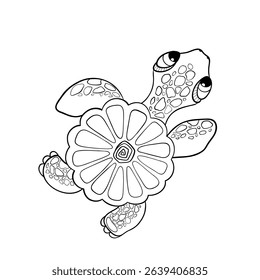 Cute cartoon sea turtle. Outline black and white drawing. Coloring book for children. Vector illustration isolated on white background.