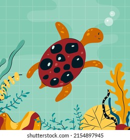 Cute cartoon sea turtle swimming in water among algae, corals. Funny marine tortoise in aquarium. Childish color flat vector illustration of adorable underwater character