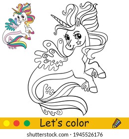 Cute cartoon sea unicorn. Coloring book page with colorful template. Vector cartoon isolated illustration. For coloring book, print,game, education, party,baby shower, design,decor and apparel