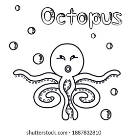 Cute cartoon sea water animals. Coloring book. Octopus.