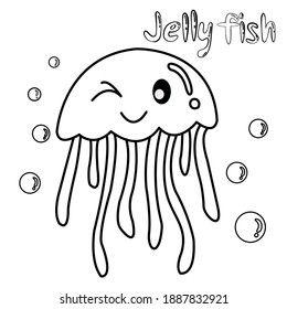 Cute cartoon sea water animals. Coloring book. Jelly fish. 