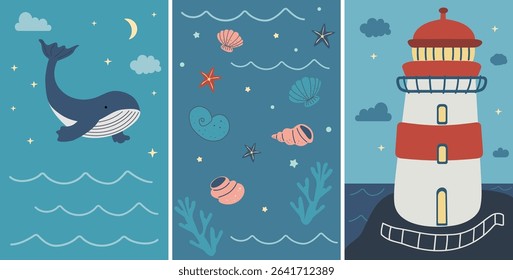 Cute cartoon sea whale, seashells, and lighthouse at night. A set of vector illustrations for a children's room poster, greeting cards, or a nautical-themed banner