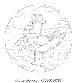 Cute cartoon seagull in a beret standing on the beach by the sea