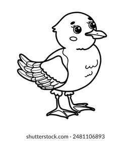 Cute cartoon seagull. Black and white outline vector Illustration of bird. Children's coloring page book