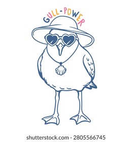 cute cartoon seagull character wearing a seashell necklace and looking at its reflection in an oval mirror. Whimsical line art drawing with colorful hand drawn lettering typography quote Feeling Gull-geous