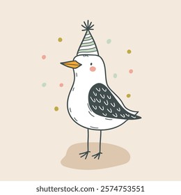 Cute cartoon seagull in a festive hat on a background of beautiful decorations, flat vector illustration