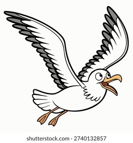 Cute cartoon seagull flying with spread wings. Happy seabird character. Vector illustration isolated on white background.Suitable for children's books, sticker, logo
