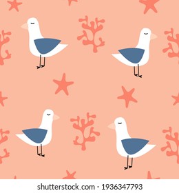 cute cartoon seagull, red coral, starfish seamless vector pattern background illustration