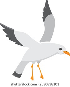 Cute cartoon seagull with spread wings landing on the shore after a long flight. Perfect for logos or illustrations, symbolizing freedom and nature