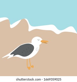 Cute cartoon seagull stands on the sandy seashore, vector illustration.