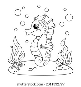 Cute cartoon seahorse. Black and white vector illustration for coloring book