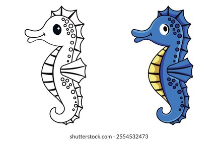 Cute cartoon seahorse. Black and white vector illustration for coloring book