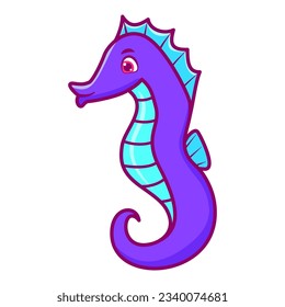 Cute cartoon seahorse. Character hand drawn illustration ocean animal. Sea creatures.Sea animal.Line art vector illustration.Isolated on white background.Marine underwater life.