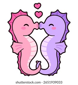 Casal bonito de cavalo marinho de desenhos animados segurando caudas e beijando com corações acima. Ilustração de cartão de saudação vetorial do Dia de São Valentim.
