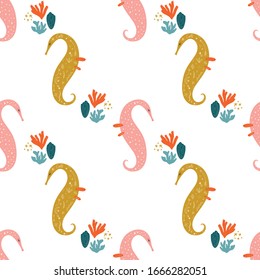 Cute cartoon seahorse flat vector, illustration doodle clip art seamless pattern, pastel colors