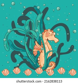 Cute cartoon Seahorse isolated Seahorse and algae vector illustration.  Great for Spring or Summer backgrounds, card, banners, stickers. Vector