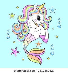 Cute cartoon seahorse unicorn with rainbow mane. For children's design of prints, posters, nukes, postcards, puzzles, etc. Vector illustration