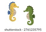 Cute Cartoon Seahorses Vector Illustration, Two Colorful Sea Horses Characters in Flat Style, Marine Life and Undersea World Nursery Clipart