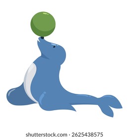 Cute cartoon seal is balancing a green ball on its nose