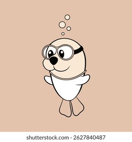 Selo de desenho animado bonito com óculos de mergulho e bolhas ilustração