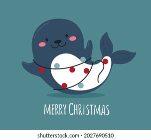 Cute cartoon seal with garland. Merry christmas, childrens vector illustration. Lettering.