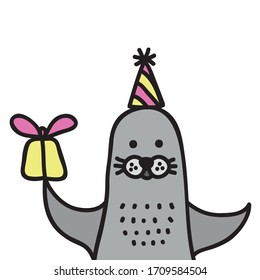 Cute cartoon seal with gift. Vector illustration