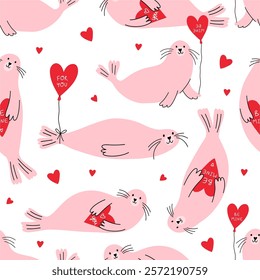 Cute cartoon Seal. Happy Valentine's Day vector card in flat style. Playful seamless pattern Seal with heart